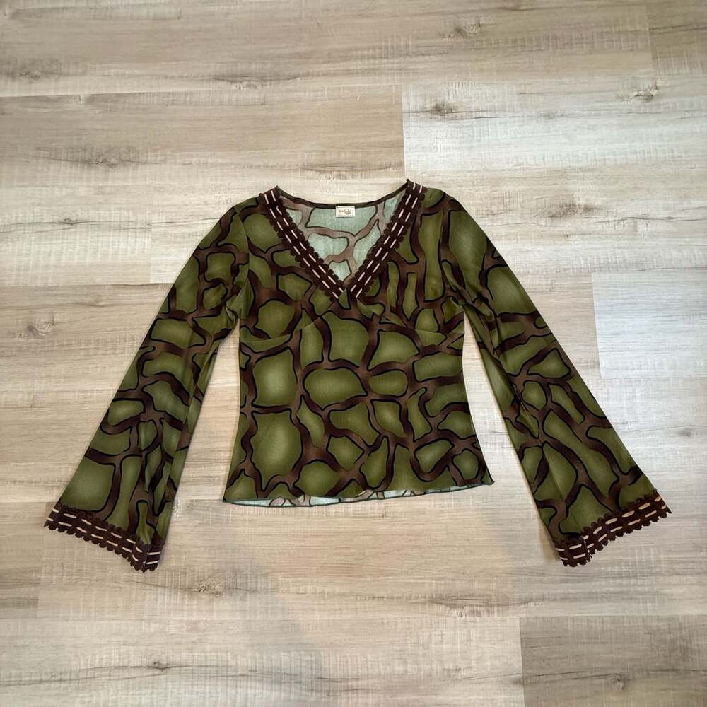 Vintage Y2K True Light Green Abstract Giraffe Print Bell Sleeve V-Neck Top Small